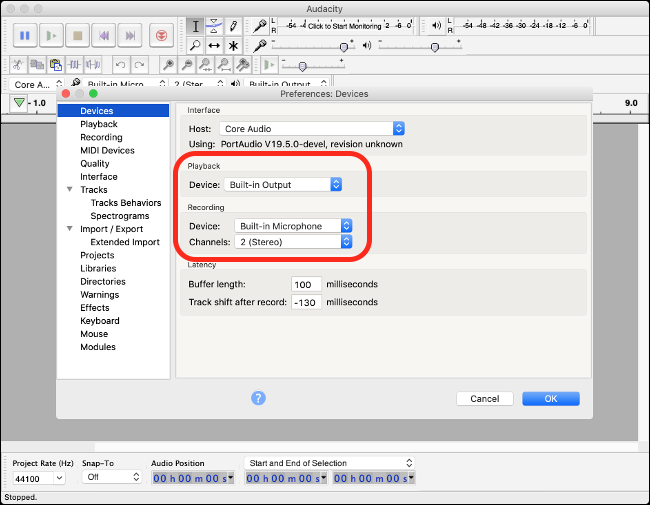 Preferencias de Audacity en macOS