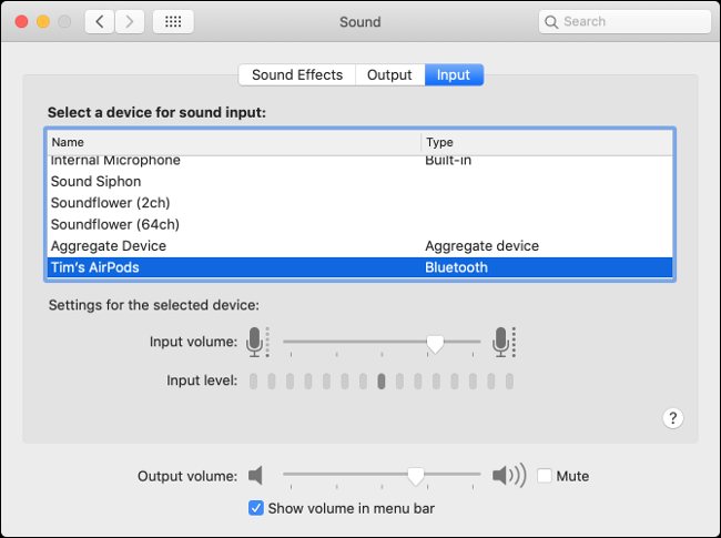 Preferencias de entrada de audio de MacOS