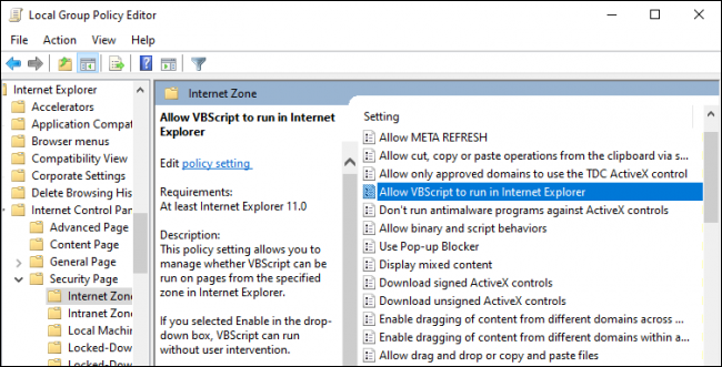 Habilitación de VBScript en Internet Explorer a través de la directiva de grupo