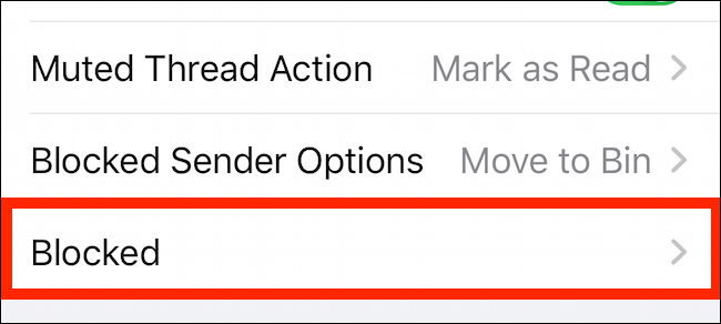 Toque la opción Bloqueado en la configuración del correo electrónico