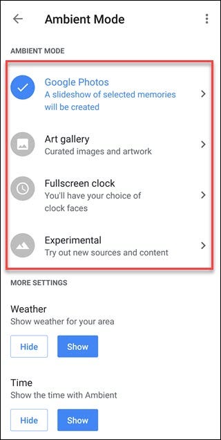 Configuración del modo ambiental con opciones de llamadas de Google Photos, Galería de arte, etc.