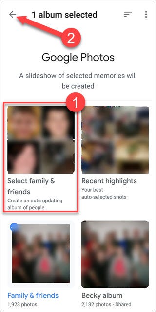 Configuración de Google Photos con opción de llamada alrededor Seleccione Familia y amigos