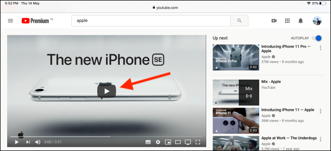 Presione el botón Reproducir para reproducir el video en Safari