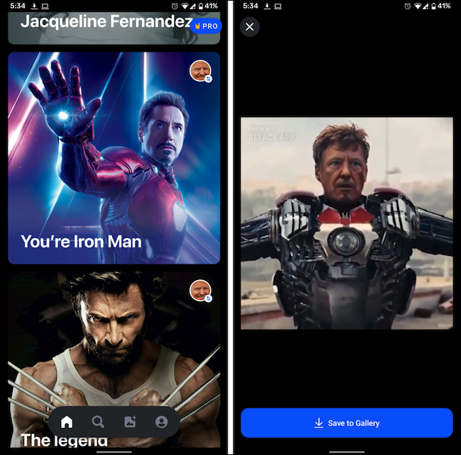Tres GIF de personajes de películas en la aplicación Reface.