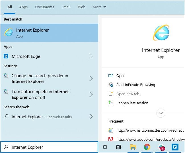 Inicie Internet Explorer desde el menú Inicio de Windows 10.