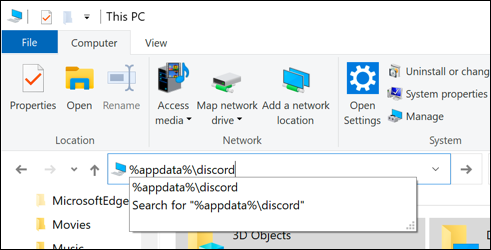 "% appdata%  discord" en el cuadro de ruta del archivo en el Explorador de archivos de Windows.