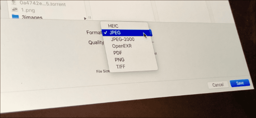 Aplicación de vista previa de MacOS que muestra opciones para convertir imágenes entre PNG, JPG, TIFF y más