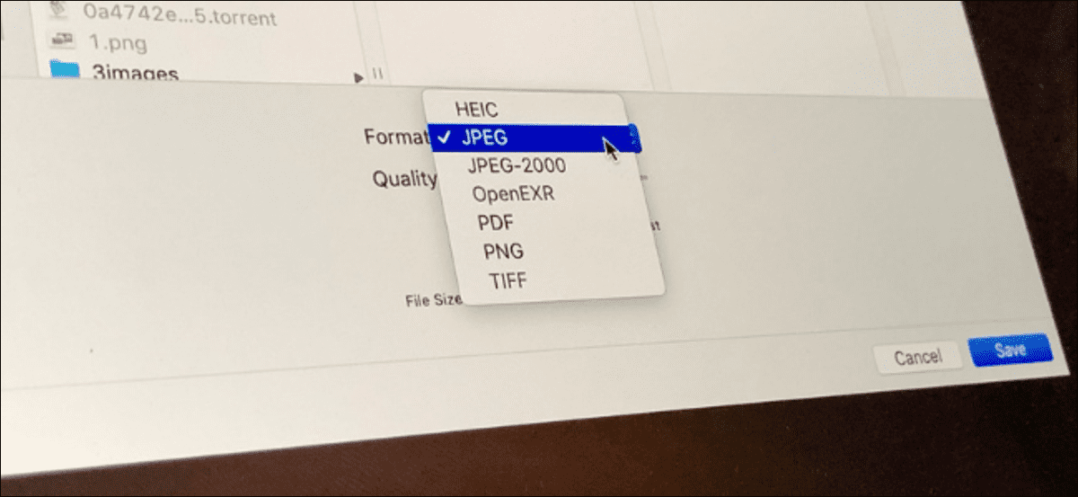 Aplicación de vista previa de MacOS que muestra opciones para convertir imágenes entre PNG, JPG, TIFF y más