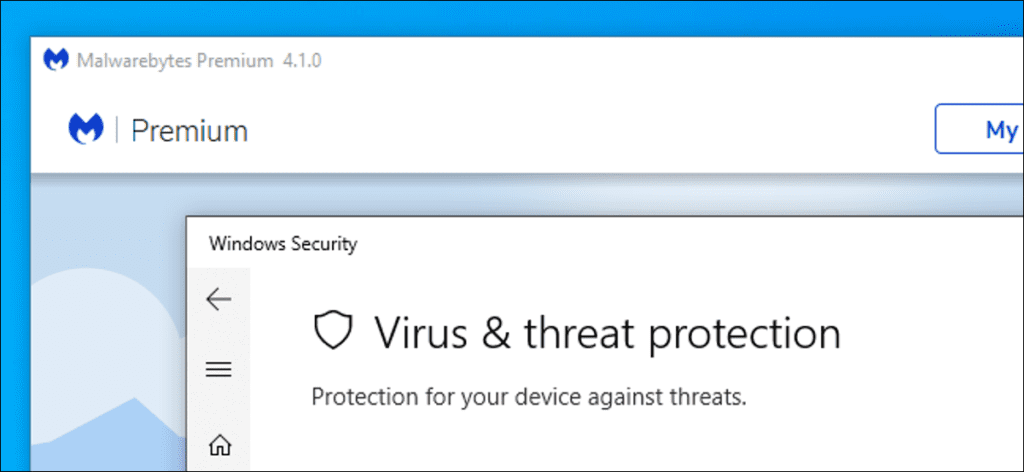 Malwarebytes Premium y Windows Security en Windows 10