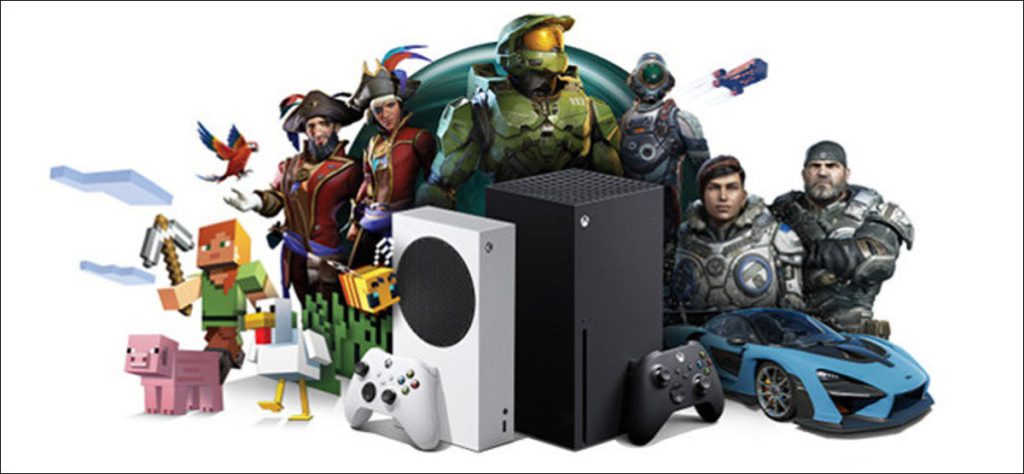 Consolas Xbox Series X y S rodeadas de personajes de juegos de Microsoft.