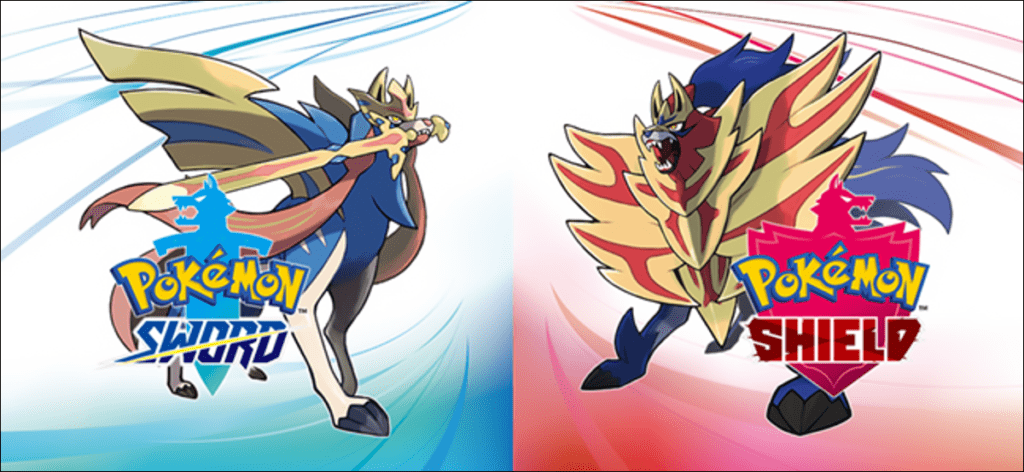 la "Pokémon Espada y Escudo" logo y personajes.