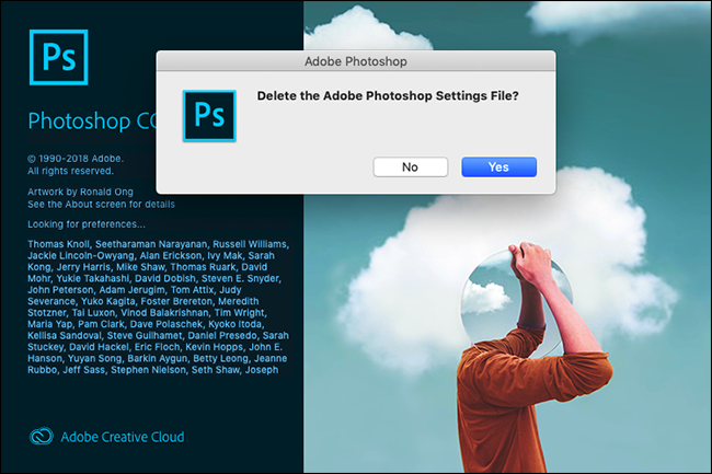 los "¿Eliminar archivo de configuración de Adobe Photoshop?" mensaje en Photoshop.