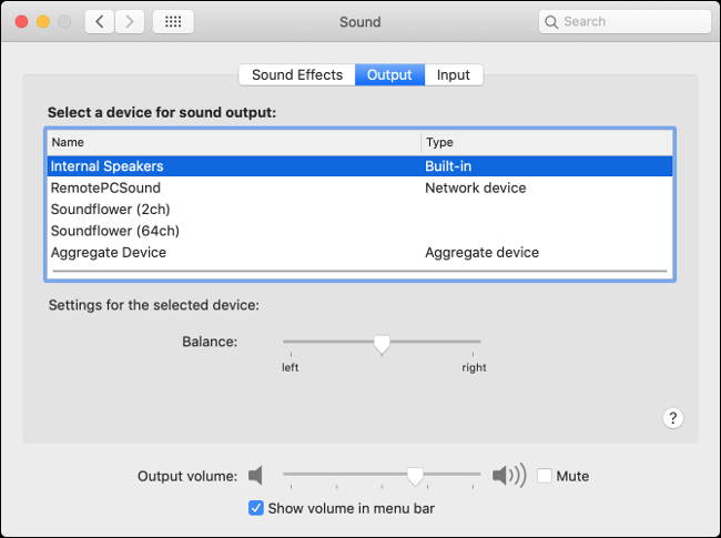 Preferencias de salida de audio de MacOS