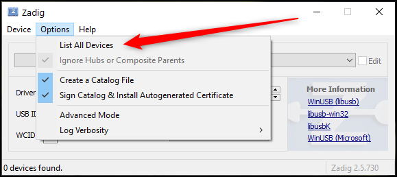 Para seleccionar "Lista de todos los dispositivos" en el menú Opciones de Zadig