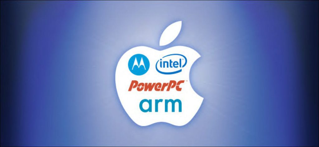 Un logotipo de Apple con los logotipos de la arquitectura del procesador Motorola, PowerPC, Intel y Arm en el interior.