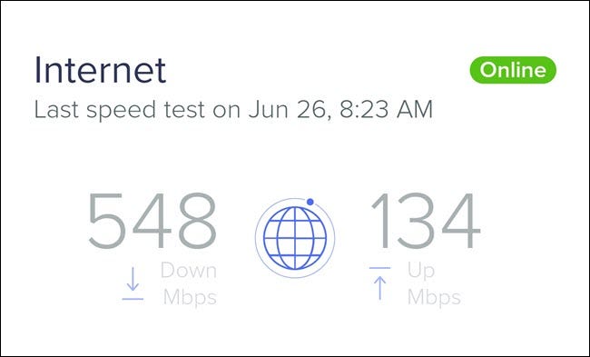 Una prueba de velocidad de Internet que muestra una velocidad de descarga de 548 Mbps y una velocidad de carga de 134 Mbps.