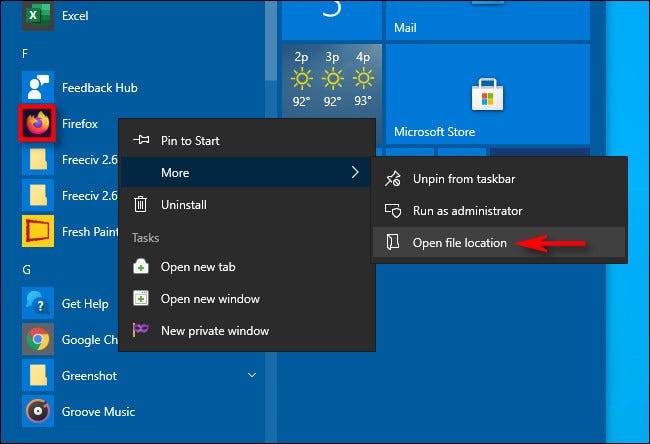 Encuentre la ubicación del acceso directo de una aplicación usando el menú Inicio de Windows 10