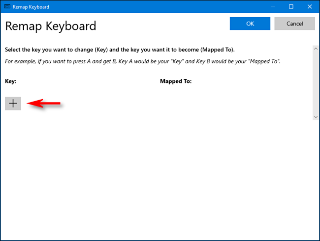 Haga clic en el signo más (+) en el "Reconfigura el teclado" menú para agregar un atajo.