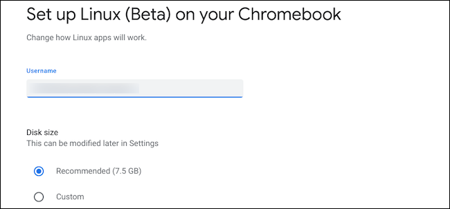 Configurar el tamaño del disco de Linux y el nombre de usuario en Chromebook