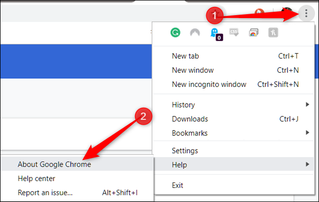 Haga clic en Más, seleccione Ayuda y luego haga clic en Acerca de Google Chrome.