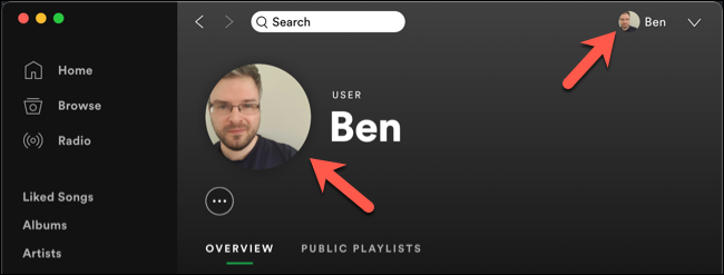 Un ejemplo de una foto de perfil de Spotify actualizada en el cliente de escritorio de Spotify.