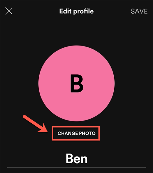 En la aplicación Spotify "Editar perfil" menú, presione el "Cambiar foto" opción.