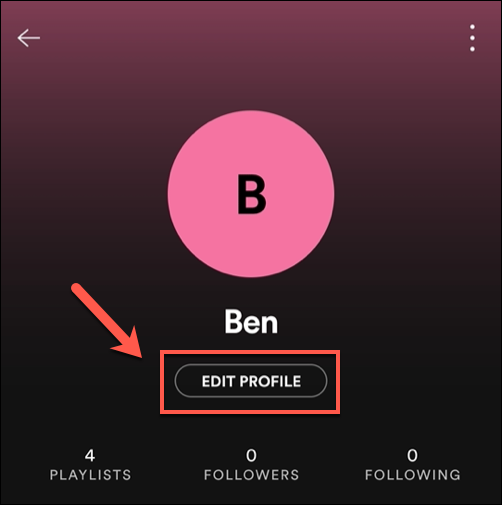 presione el "Editar perfil" en el menú de perfil de la aplicación Spotify.