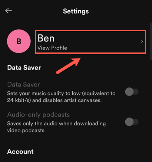 En la aplicación Spotify "configuraciones" menú, presione el "Ver perfil" opción.