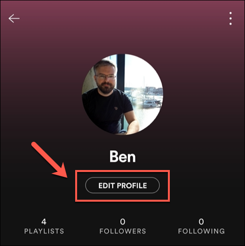 Grifo "Editar perfil" para editar una foto de Spotify existente.