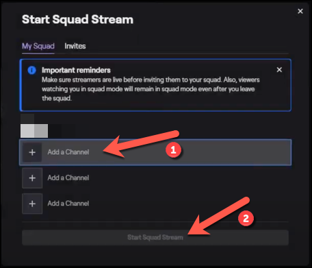 Haga clic en "Agregar canal" para invitar a otros streamers de Twitch a la transmisión del equipo de Twitch.  Una vez que esté listo para comenzar a transmitir, haga clic en el botón "Iniciar flujo de escuadrón" botón.