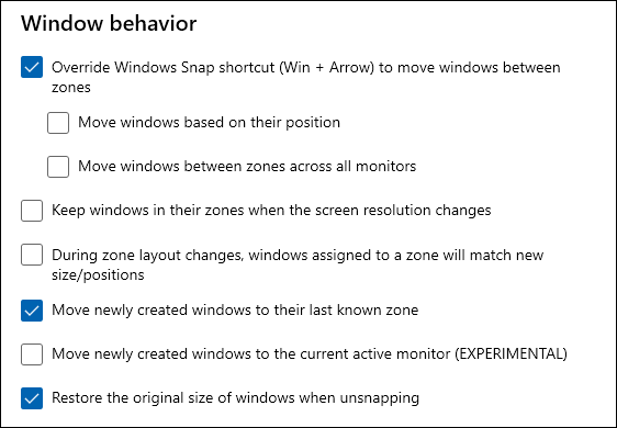 opciones de comportamiento de la ventana