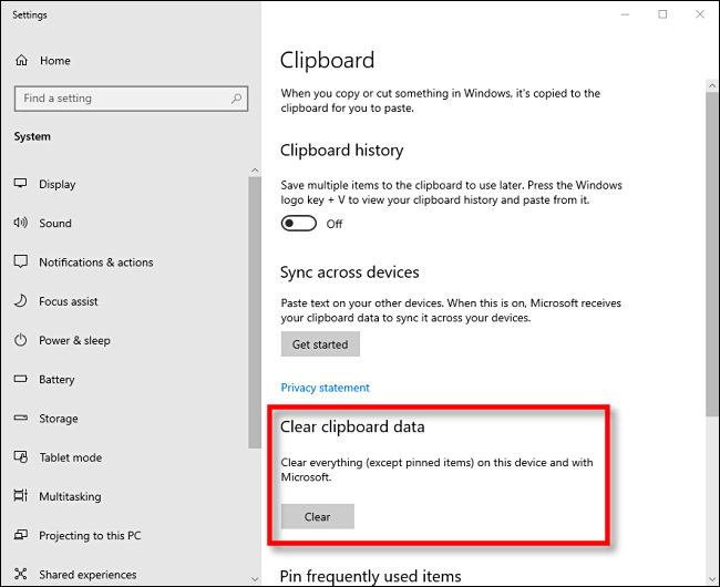 Borrar datos del portapapeles en la configuración de Windows 10