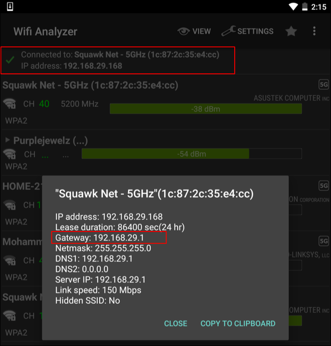 Descargue la aplicación Wi-Fi Analyzer en Android y busque la dirección IP de su enrutador