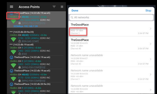 Analizador de Wi-Fi de Android y utilidades de aeropuerto de iOS que muestran la intensidad de la señal de Wi-Fi