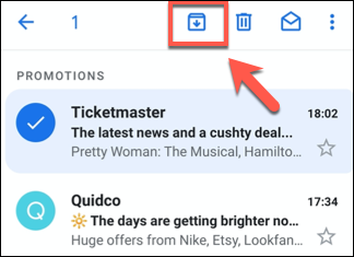 Toque el botón Archivar en cualquier correo electrónico seleccionado para archivar correos electrónicos en la aplicación Gmail