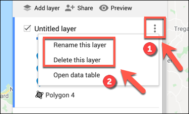Opciones para cambiar el nombre o eliminar una capa personalizada en un mapa personalizado de Google Maps