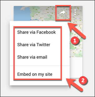 Opciones para compartir en redes sociales para un mapa personalizado de Google Maps