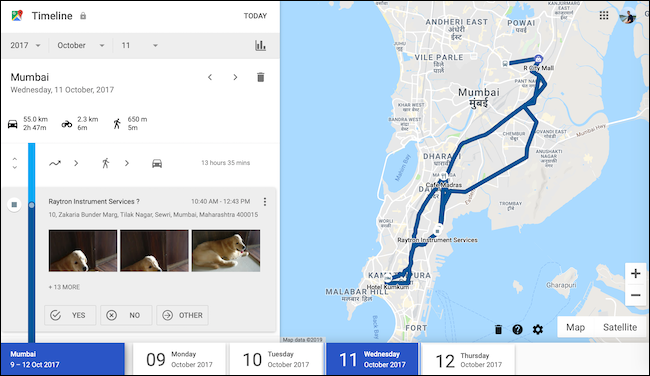 Eche un vistazo a los datos de su historial de ubicaciones para un día determinado en la vista de la línea de tiempo de Google Maps