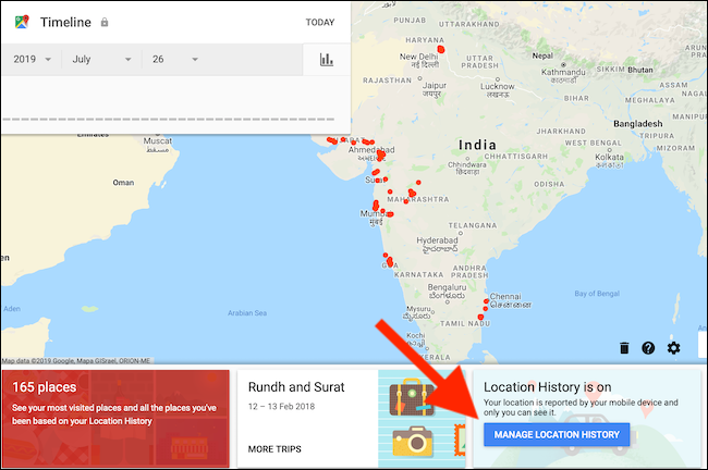 Haga clic en el botón Administrar historial de ubicaciones en la página de la línea de tiempo de Google Maps.