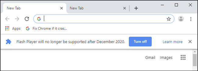 "Flash Player dejará de ser compatible después de diciembre de 2020" mensaje de banner en Google Chrome.