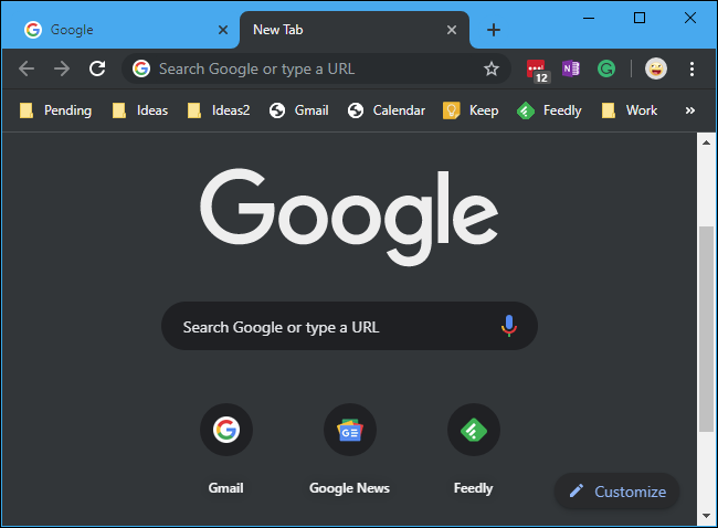 Modo oscuro incorporado de Chrome en Windows 10 que muestra la página de nueva pestaña