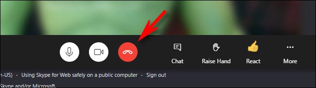 El botón de desconexión en Skype "Reunión ahora"