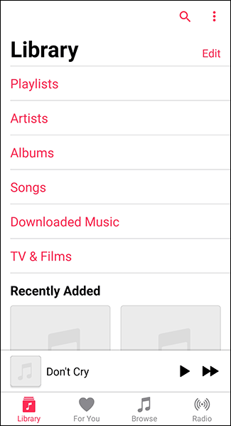 Abra la aplicación Apple Music en Android y toque la aplicación Biblioteca