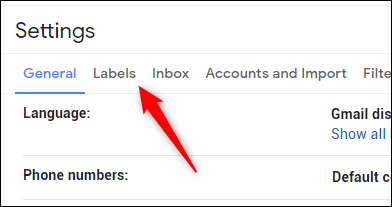 Pestaña Etiquetas en la configuración de Gmails