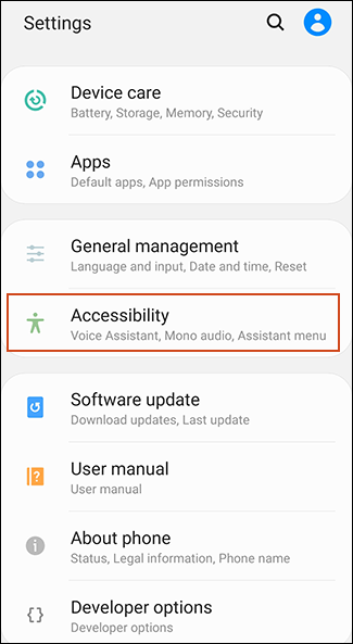 Grifo "Accesibilidad" en el área de Configuración de Android.