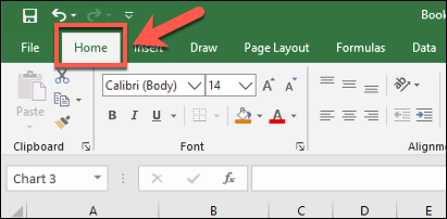 los "bienvenida" pestaña en la barra de cinta de Excel, con varias opciones de formato de texto disponibles