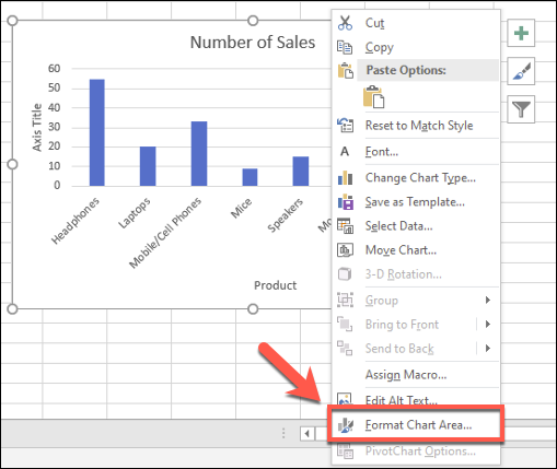 Puede realizar otros cambios de formato en un gráfico de barras de Excel haciendo clic con el botón derecho en el gráfico y haciendo clic en el botón "Formato del área del gráfico" opción