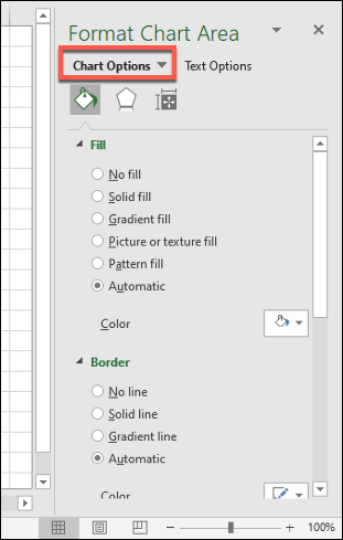 los "Opciones de gráfico" parte de "Formato del área del gráfico" menú, que le permite realizar otros cambios de formato en un gráfico de Excel