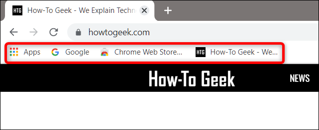 La barra de marcadores debajo de la barra de direcciones, que muestra todos los sitios web anclados.