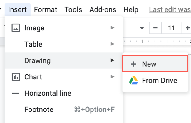 Haga clic en Insertar, Dibujar, Nuevo en Google Docs